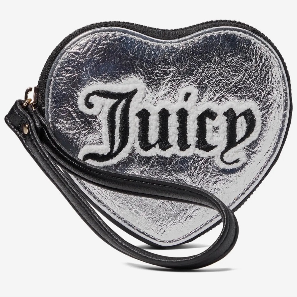 Juicy Couture Wallet Wristlet Metallic Silver Shear Genius Heart Coin Purse NWT